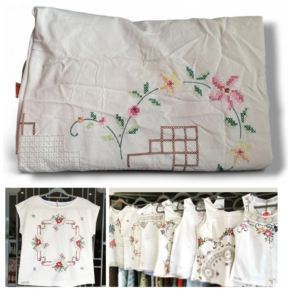 Vintage Tablecloth Hand Embroidered Floral CrossStitch 50” Sewing Upcycle craft - Picture 1 of 14